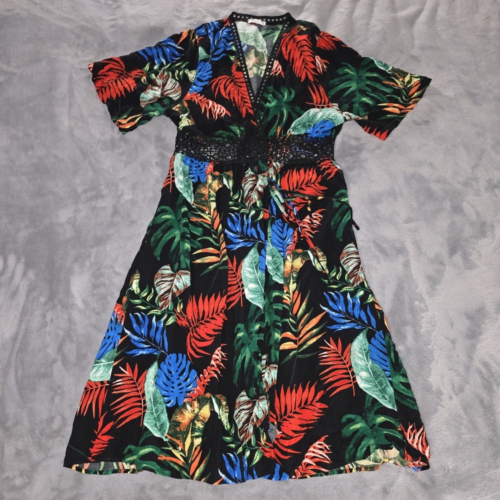 Ekouaer Women's Long Beach Cover Up XL Black Colorful Tropical Rayon Lace Middle
